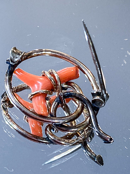 Antique Victorian Gold Filled Engraved Natural Coral Piece Love Knot Pin