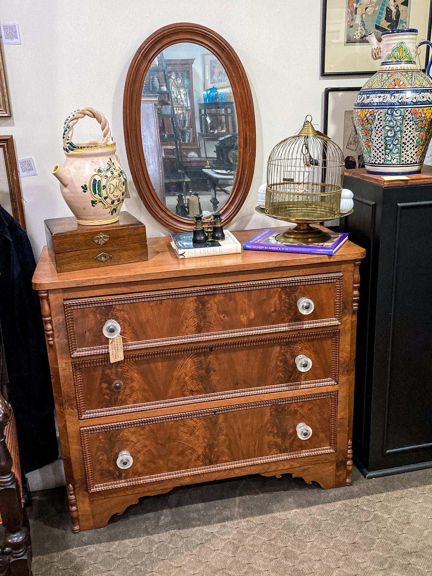 Antique Victorian Mirrored Mahogany Veneer Glass Knob Three Drawer Dresser Chest