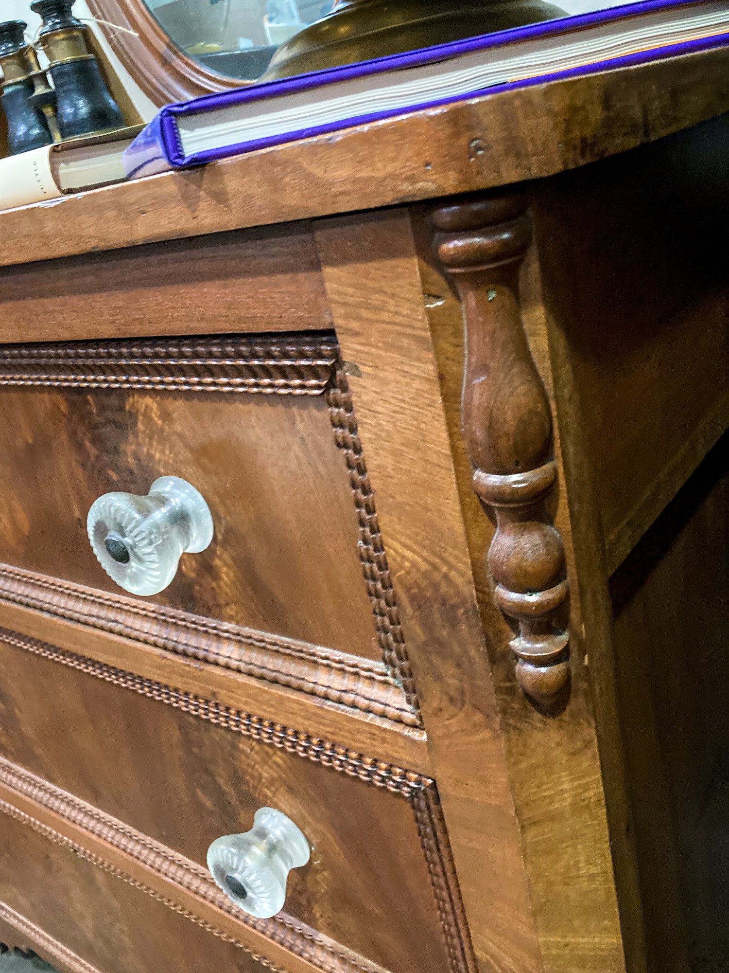 Antique Victorian Mirrored Mahogany Veneer Glass Knob Three Drawer Dresser Chest