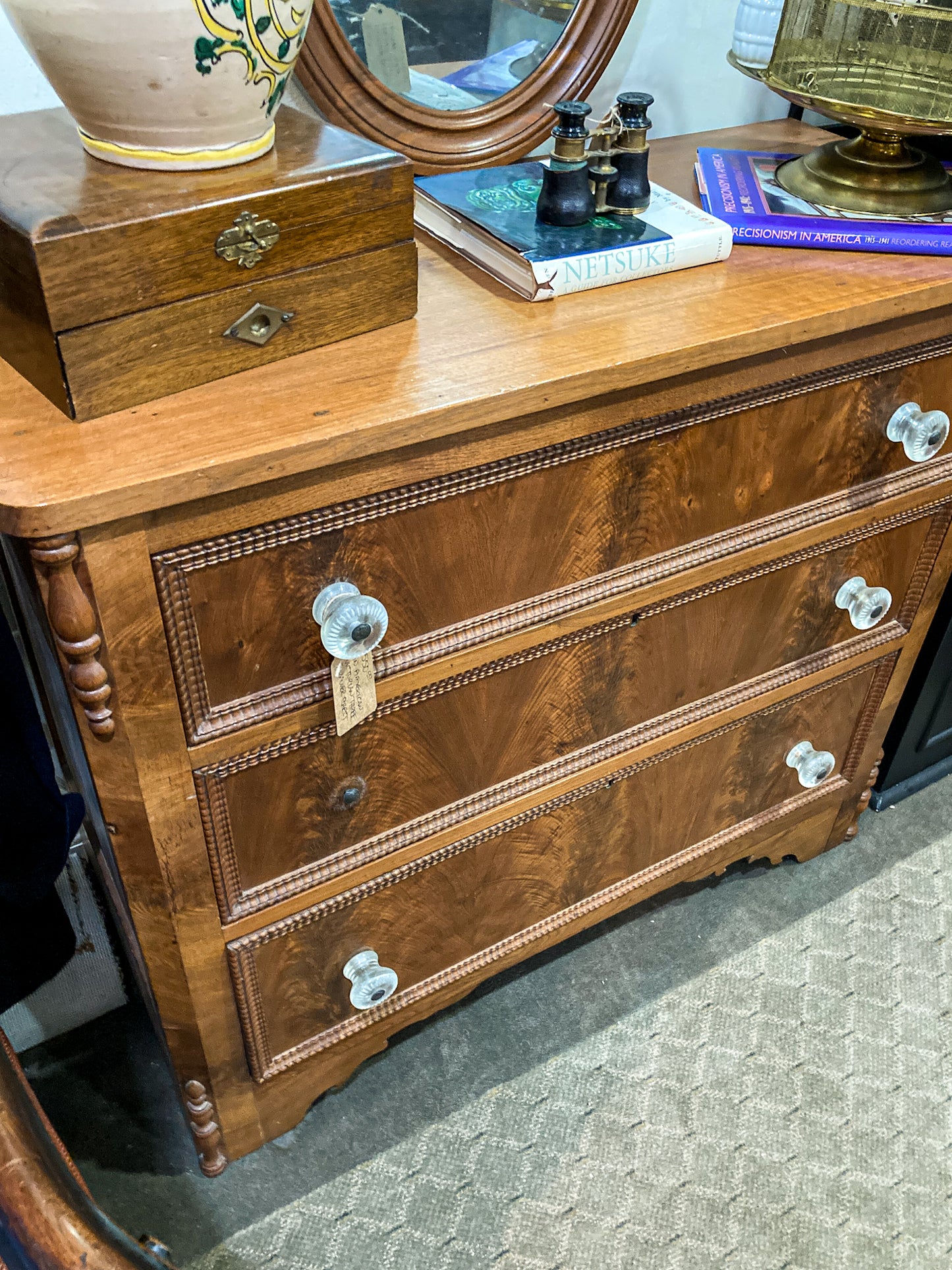 Antique Victorian Mirrored Mahogany Veneer Glass Knob Three Drawer Dresser Chest