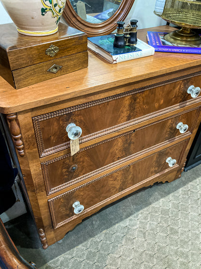 Antique Victorian Mirrored Mahogany Veneer Glass Knob Three Drawer Dresser Chest