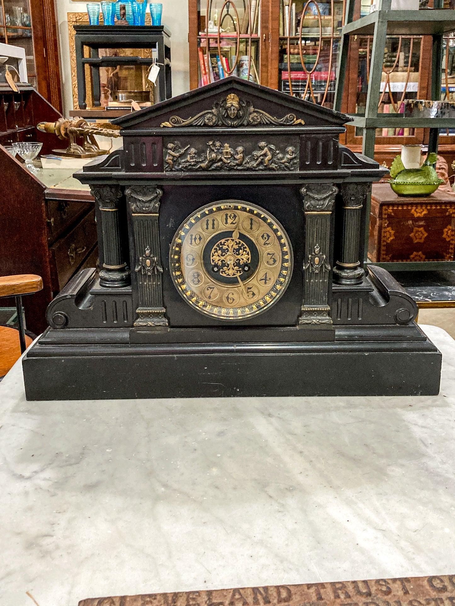 Antique Victorian Neoclassical Architectural Black Marble Mantel Clock