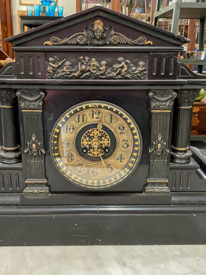 Antique Victorian Neoclassical Architectural Black Marble Mantel Clock