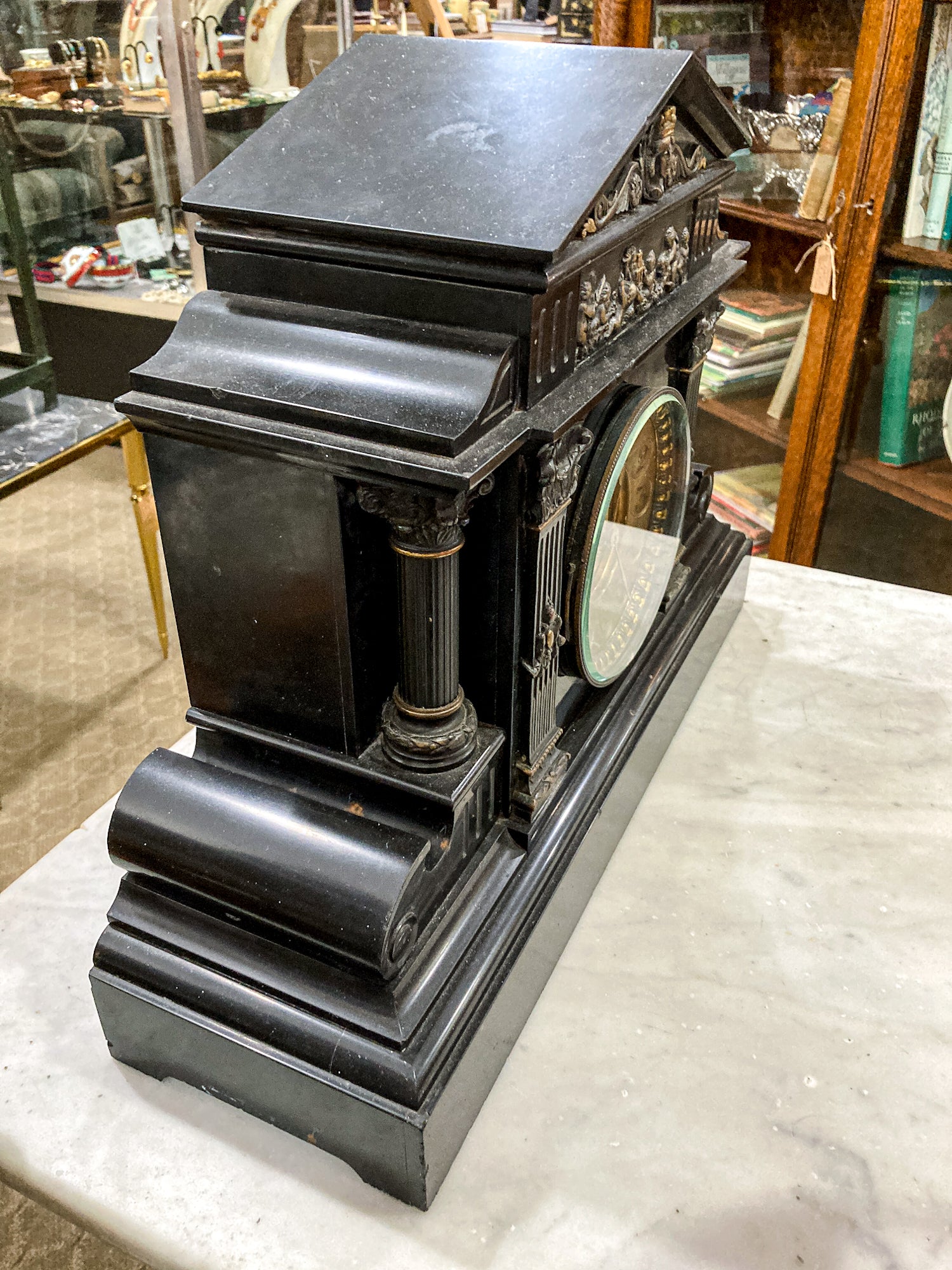 Antique Victorian Neoclassical Architectural Black Marble Mantel Clock
