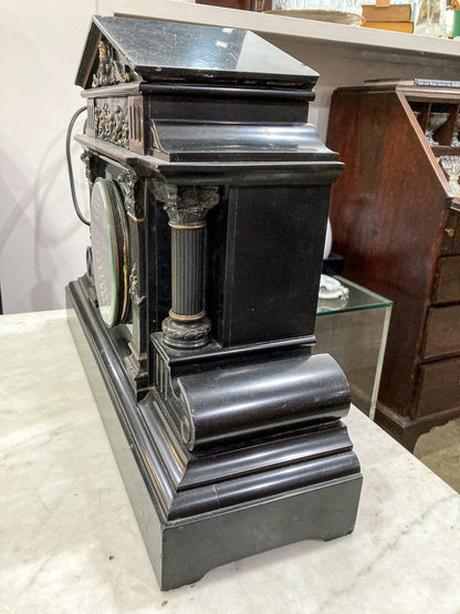 Antique Victorian Neoclassical Architectural Black Marble Mantel Clock