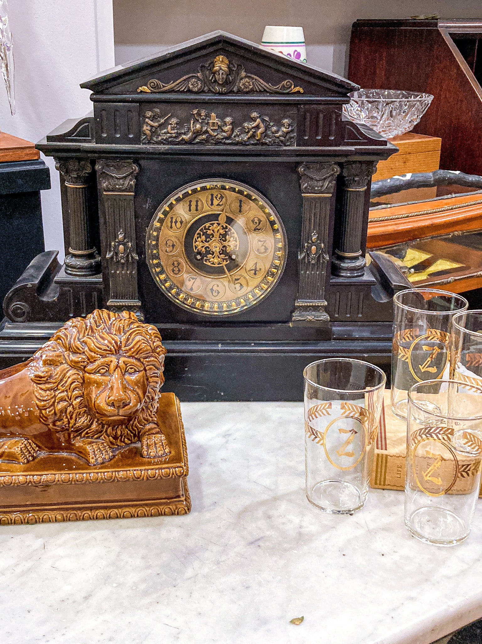 Antique Victorian Neoclassical Architectural Black Marble Mantel Clock