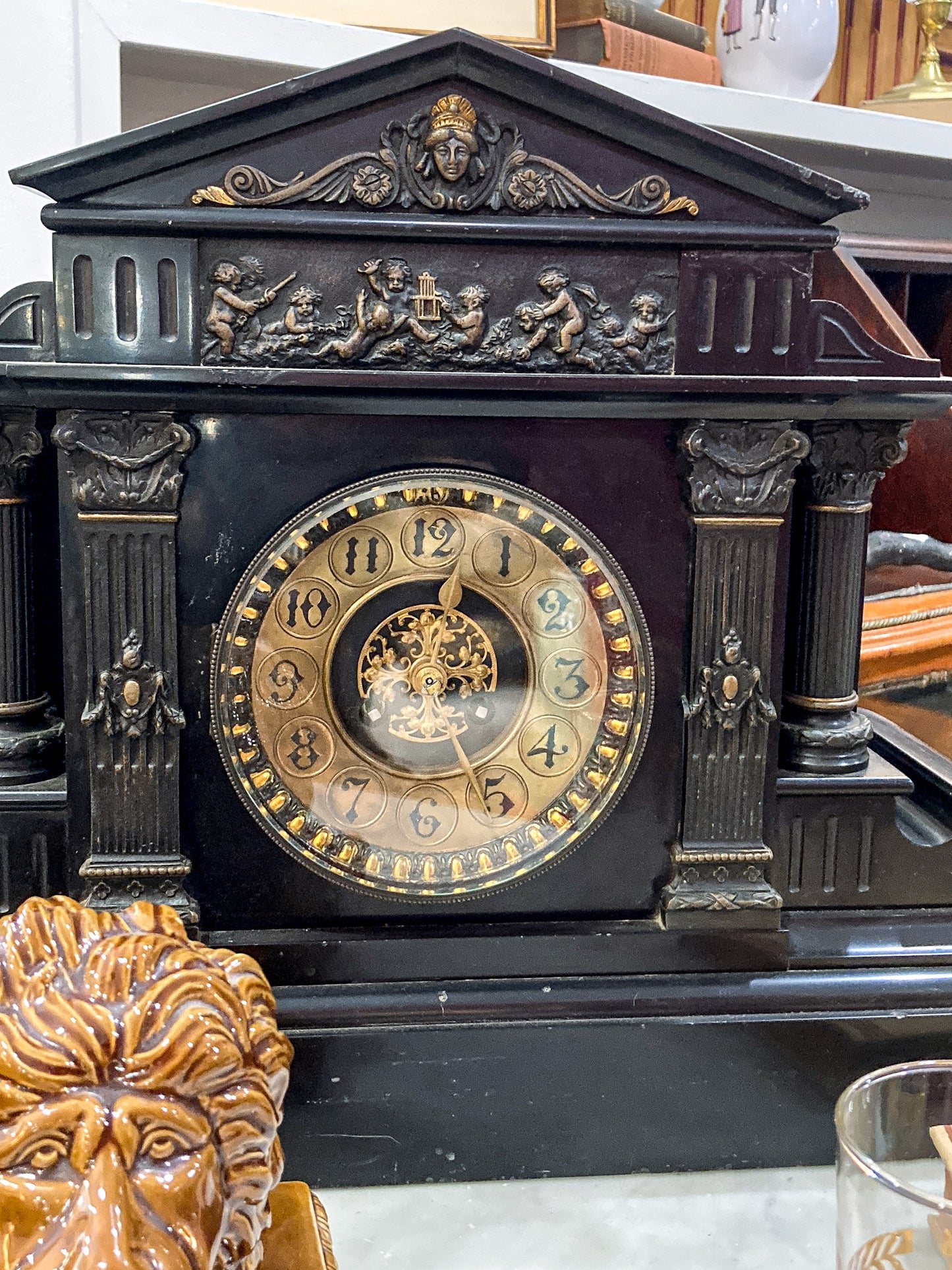 Antique Victorian Neoclassical Architectural Black Marble Mantel Clock