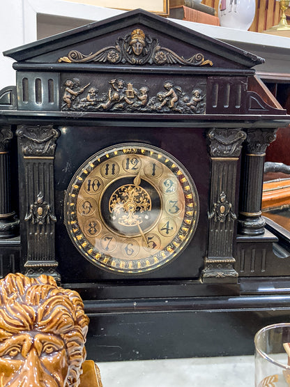 Antique Victorian Neoclassical Architectural Black Marble Mantel Clock
