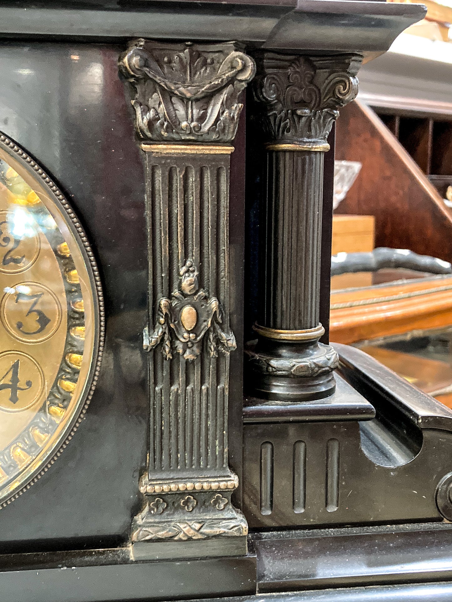 Antique Victorian Neoclassical Architectural Black Marble Mantel Clock