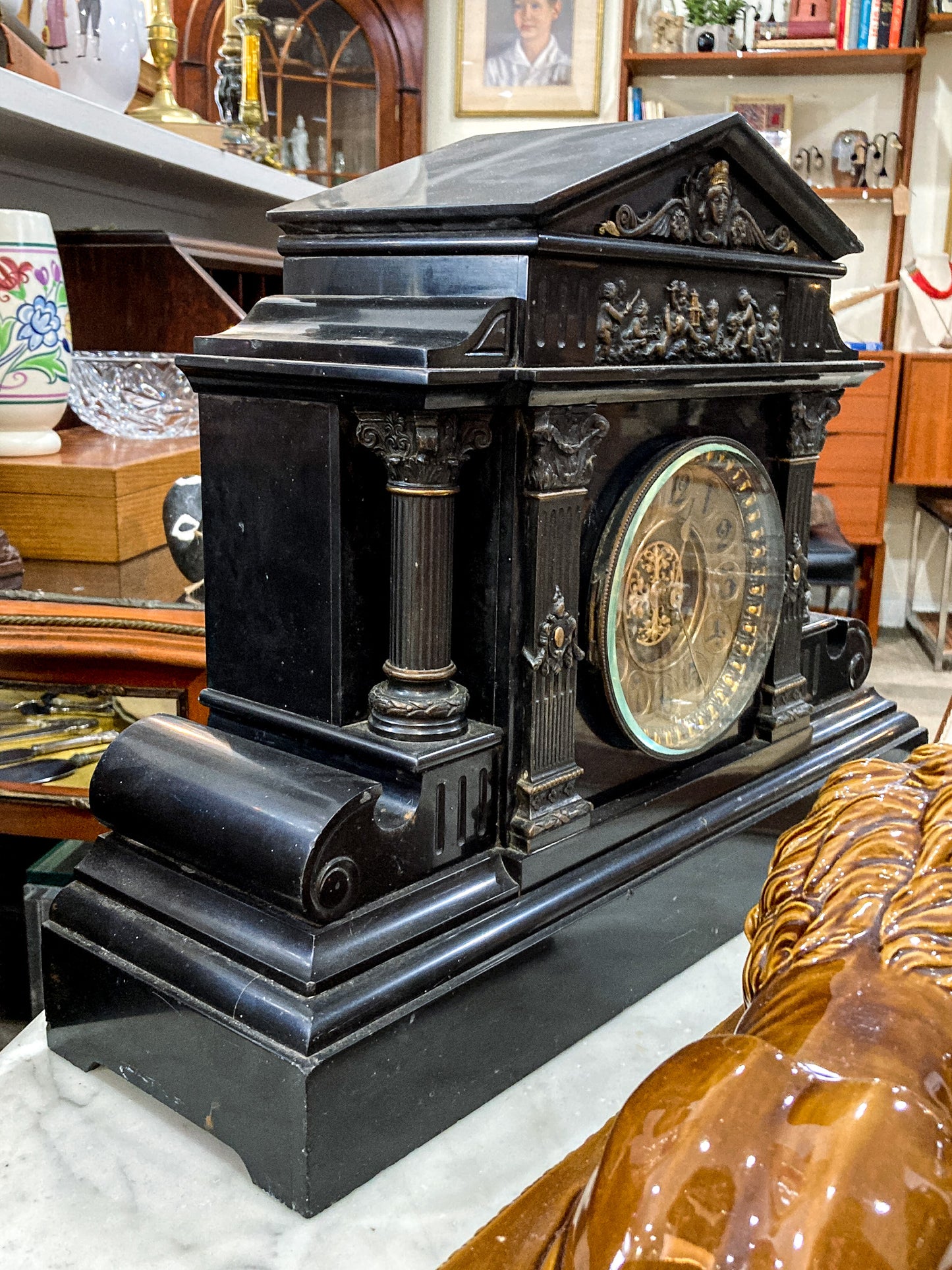 Antique Victorian Neoclassical Architectural Black Marble Mantel Clock