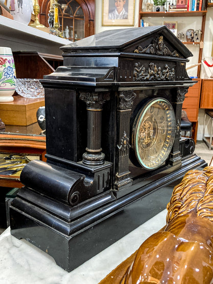 Antique Victorian Neoclassical Architectural Black Marble Mantel Clock