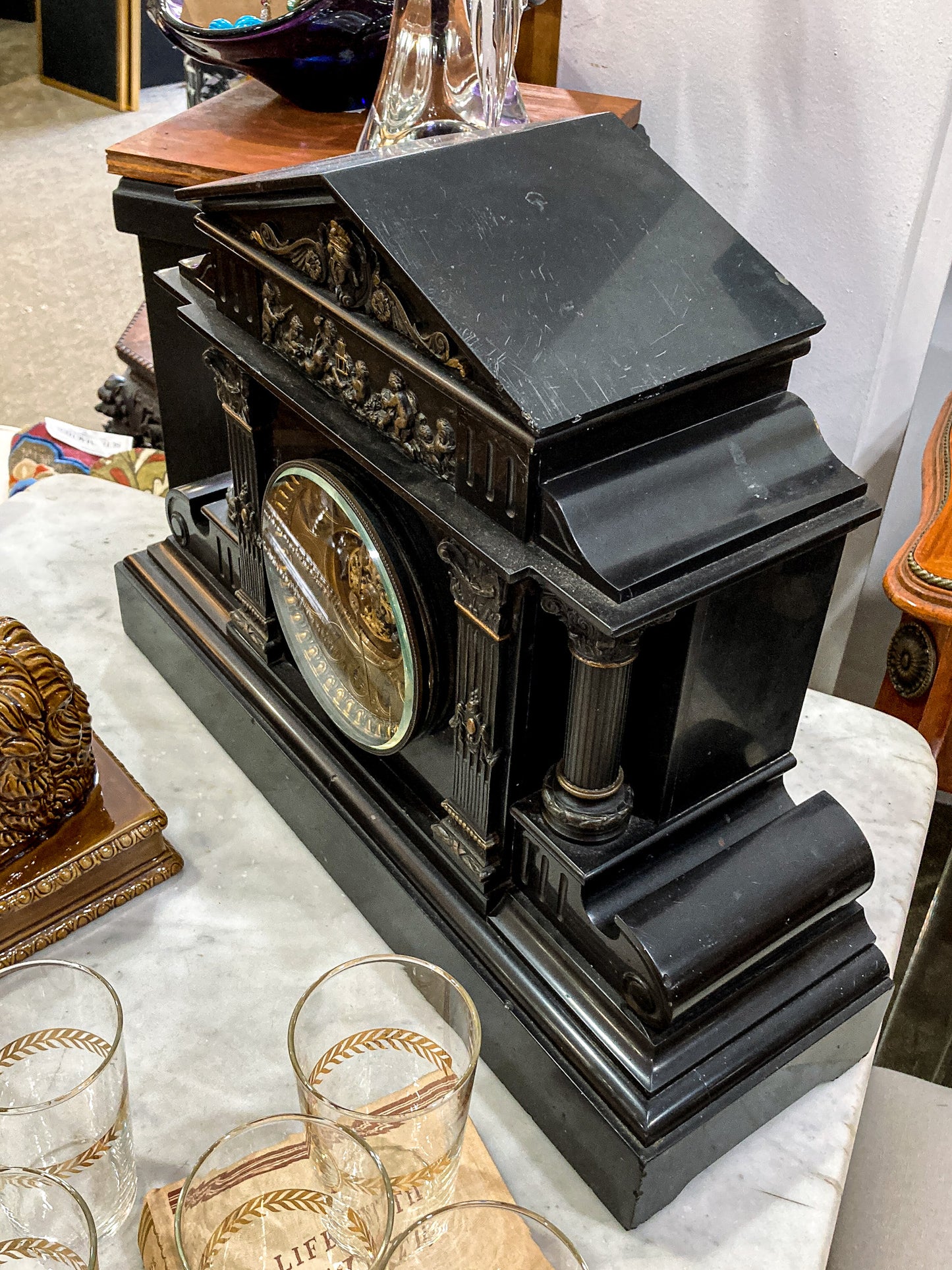 Antique Victorian Neoclassical Architectural Black Marble Mantel Clock