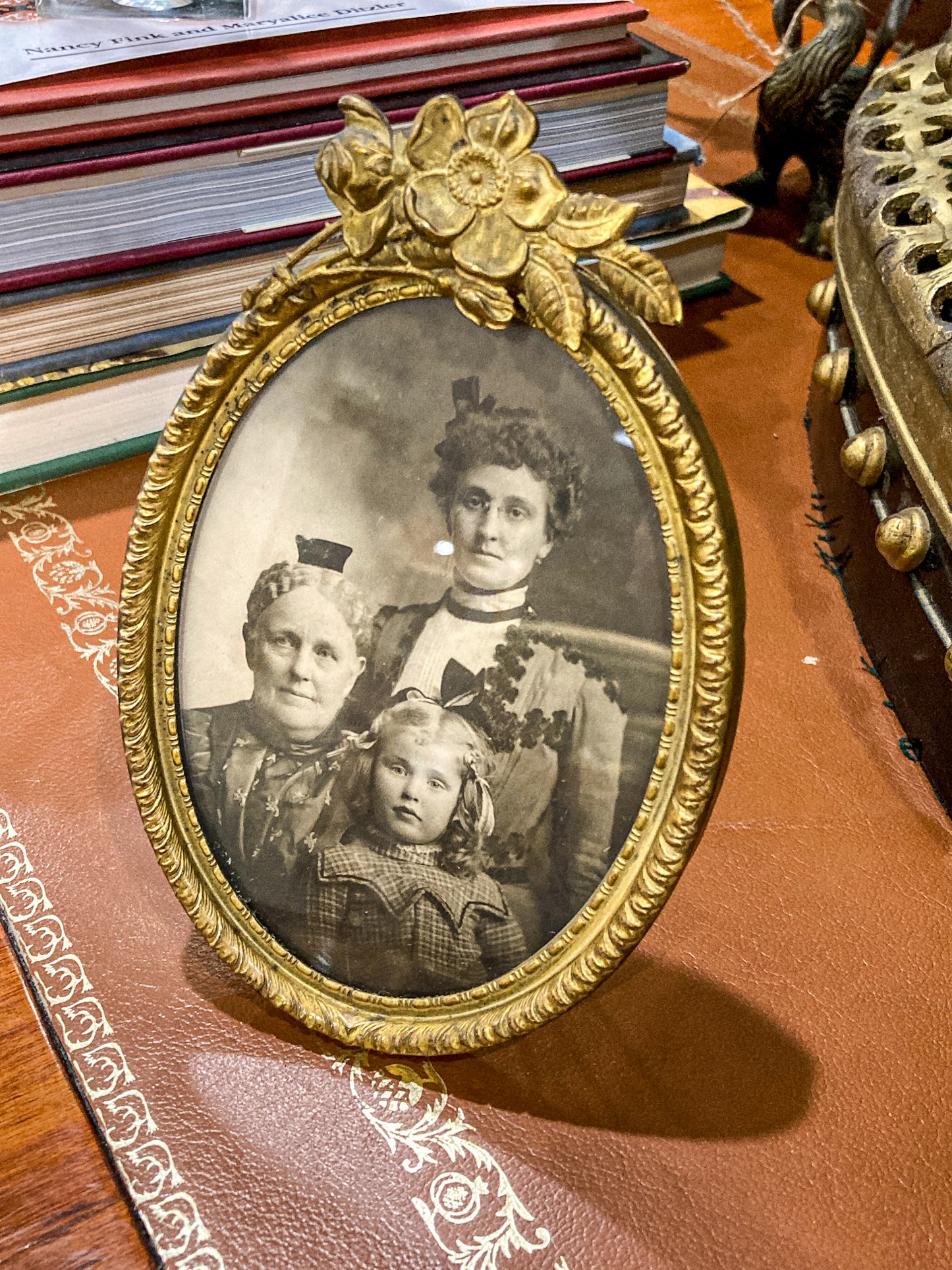Antique Victorian Old Photograph Italian Floral Oval Metal Tabletop Picture Frame