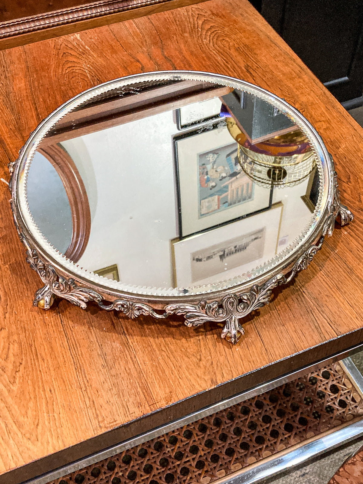 Antique Victorian Silver Plated Marble Claw Footed Plateau Mirrored Tray