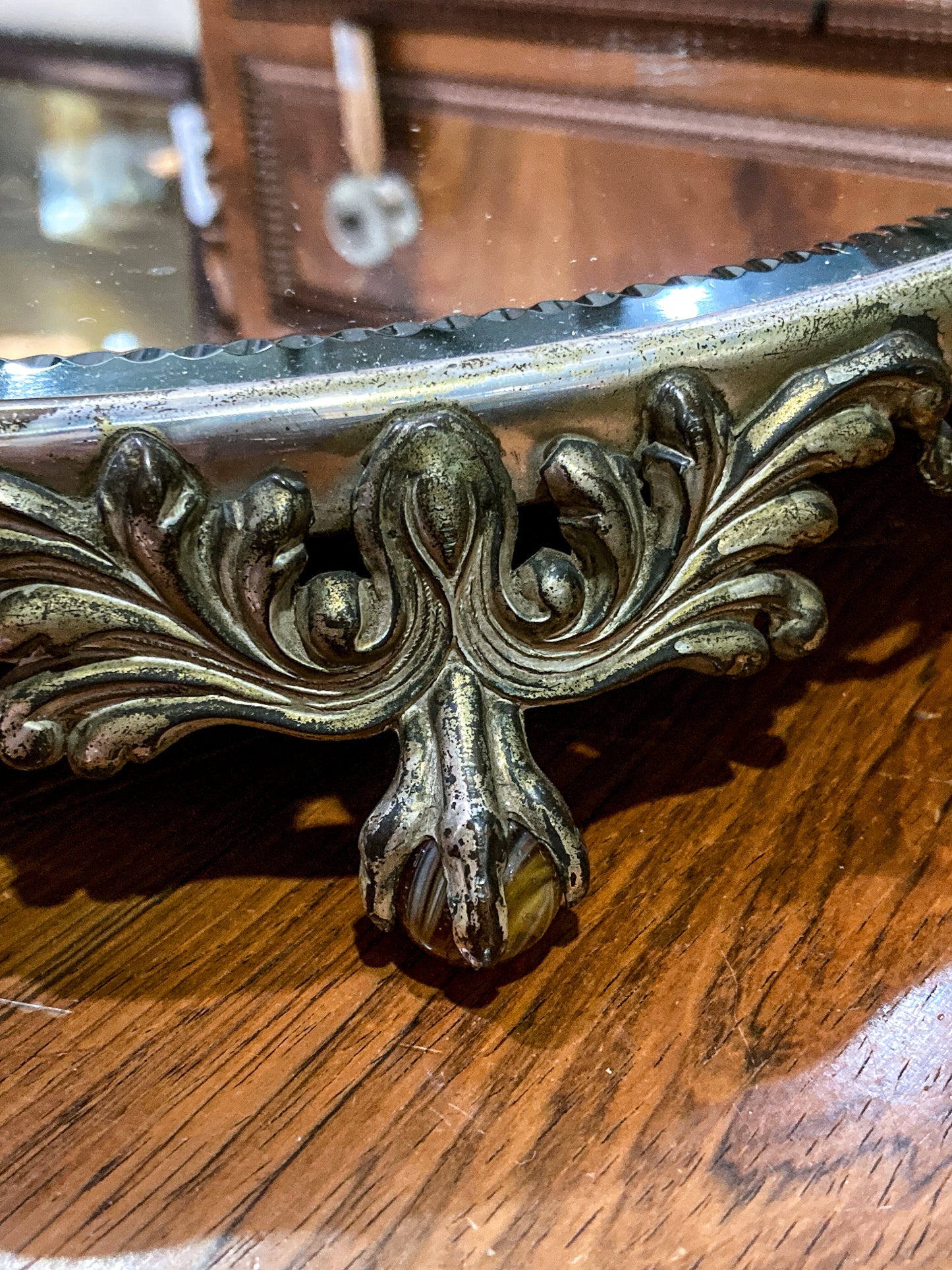 Antique Victorian Silver Plated Marble Claw Footed Plateau Mirrored Tray