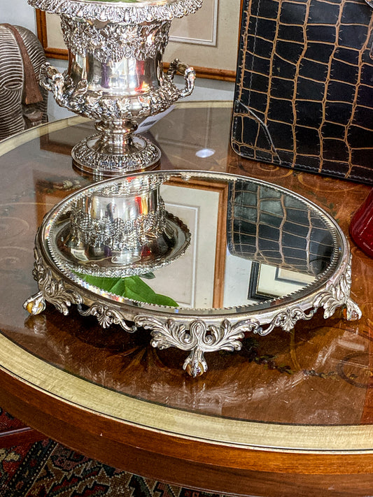 Antique Victorian Silver Plated Marble Claw Footed Plateau Mirrored Tray