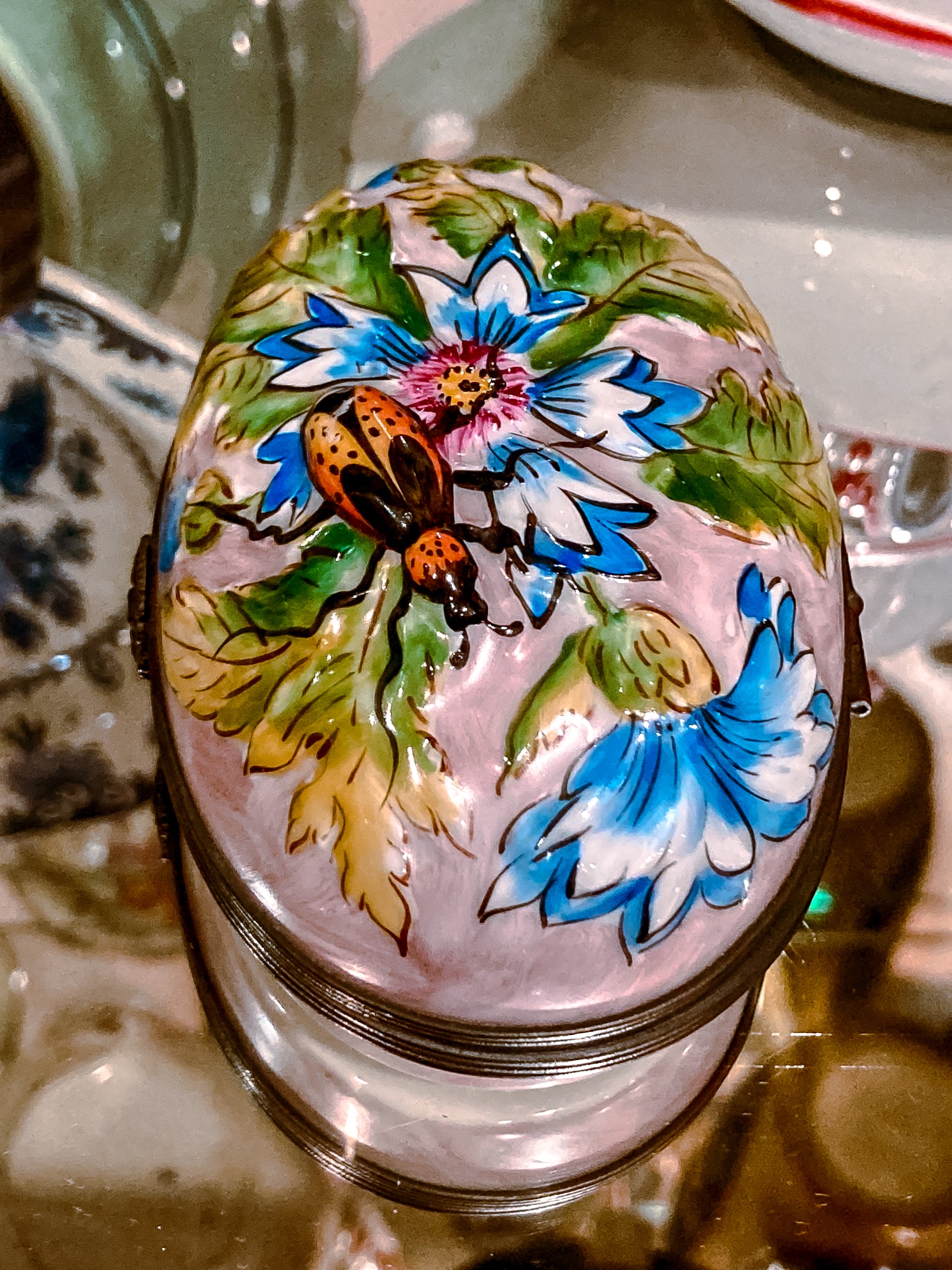 Limoges France Floral Beetle Pink Glass Style Oval Porcelain Pillbox