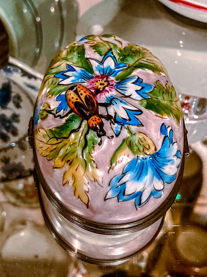 Limoges France Floral Beetle Pink Glass Style Oval Porcelain Pillbox