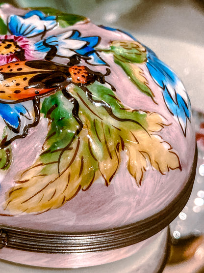 Limoges France Floral Beetle Pink Glass Style Oval Porcelain Pillbox