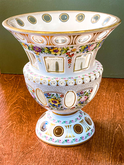 Antique White Cut-to-Clear Floral Enameled Bohemian Glass Footed Vase