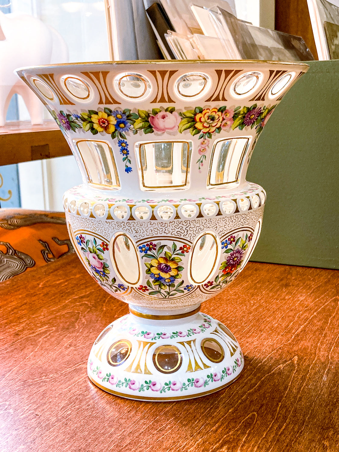 Antique White Cut-to-Clear Floral Enameled Bohemian Glass Footed Vase