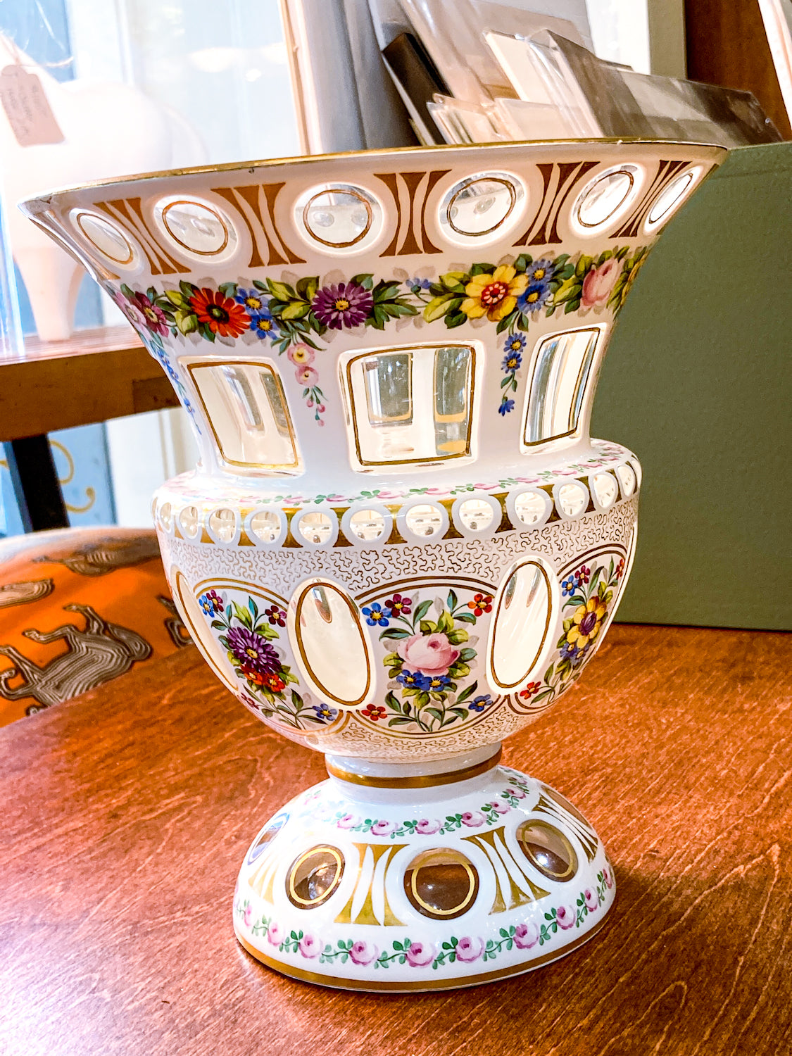 Antique White Cut-to-Clear Floral Enameled Bohemian Glass Footed Vase