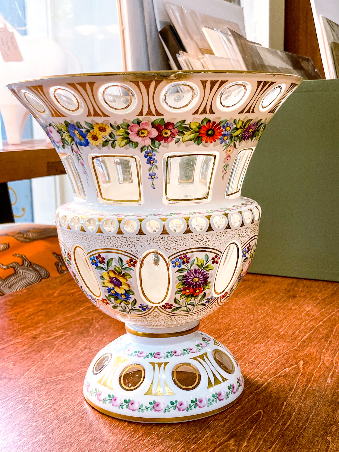 Antique White Cut-to-Clear Floral Enameled Bohemian Glass Footed Vase