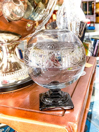 Art Deco Antique Glass Globe Platinum Banded Black Footed Base Vase