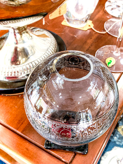 Art Deco Antique Glass Globe Platinum Banded Black Footed Base Vase