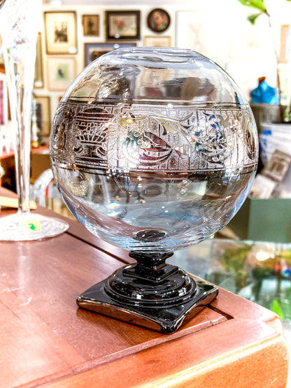 Art Deco Antique Glass Globe Platinum Banded Black Footed Base Vase