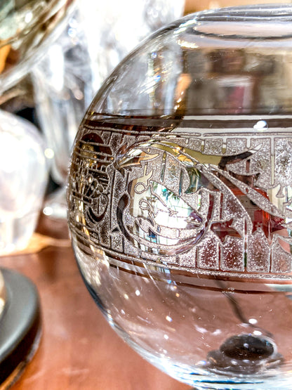 Art Deco Antique Glass Globe Platinum Banded Black Footed Base Vase