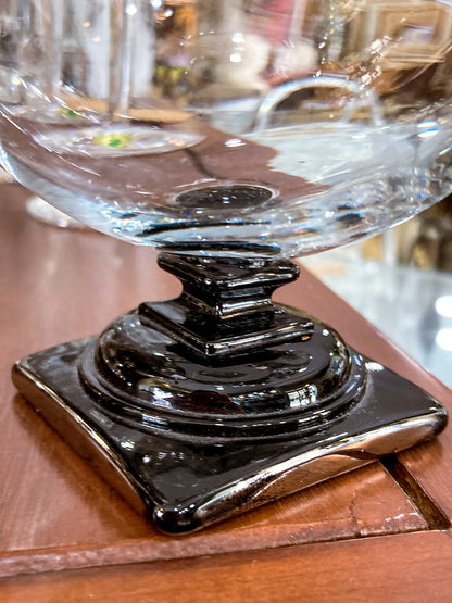 Art Deco Antique Glass Globe Platinum Banded Black Footed Base Vase