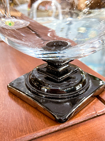 Art Deco Antique Glass Globe Platinum Banded Black Footed Base Vase