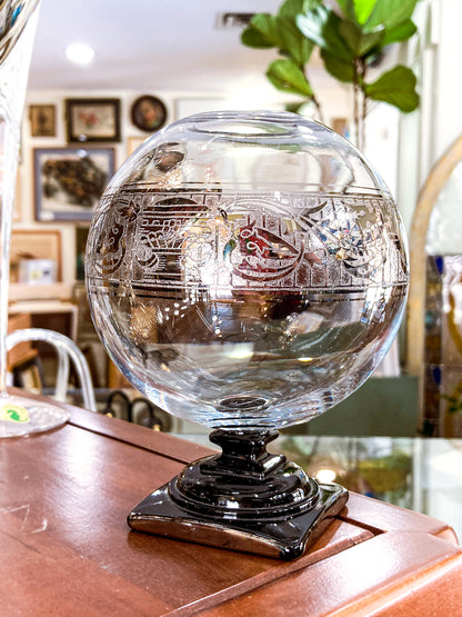 Art Deco Antique Glass Globe Platinum Banded Black Footed Base Vase