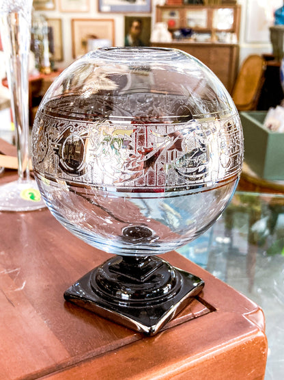 Art Deco Antique Glass Globe Platinum Banded Black Footed Base Vase