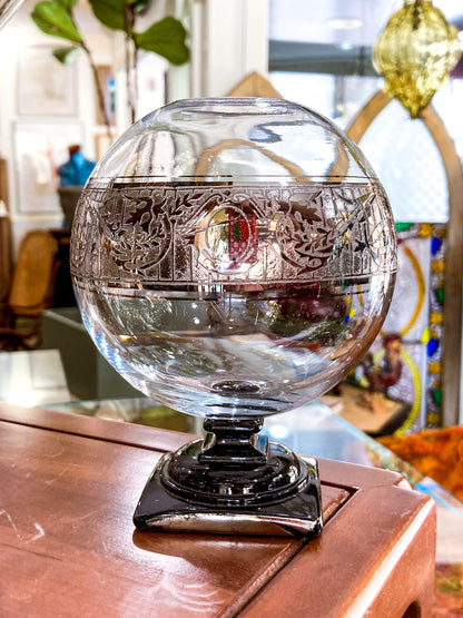 Art Deco Antique Glass Globe Platinum Banded Black Footed Base Vase