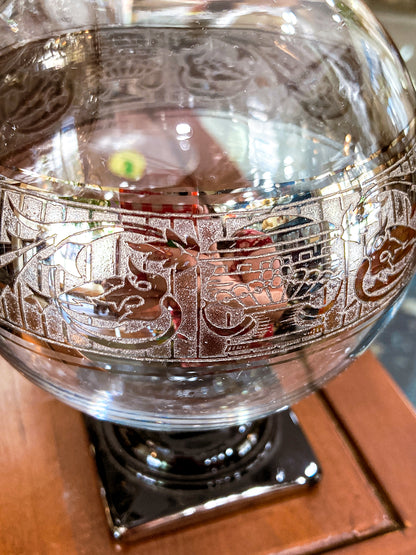 Art Deco Antique Glass Globe Platinum Banded Black Footed Base Vase