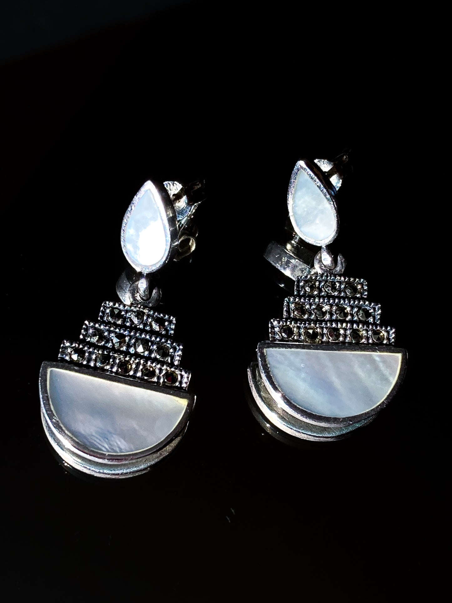 Art Deco Style Sterling Silver Marcasite Mother of Pearl Post Dangle Earrings