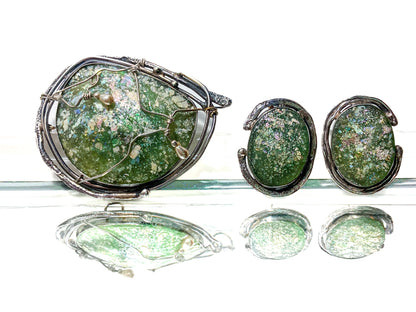 Artisan Avi Soffer Roman Glass Sterling Silver Post Earrings Brooch Pendant Set