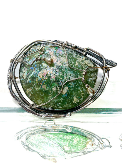 Artisan Avi Soffer Roman Glass Sterling Silver Post Earrings Brooch Pendant Set