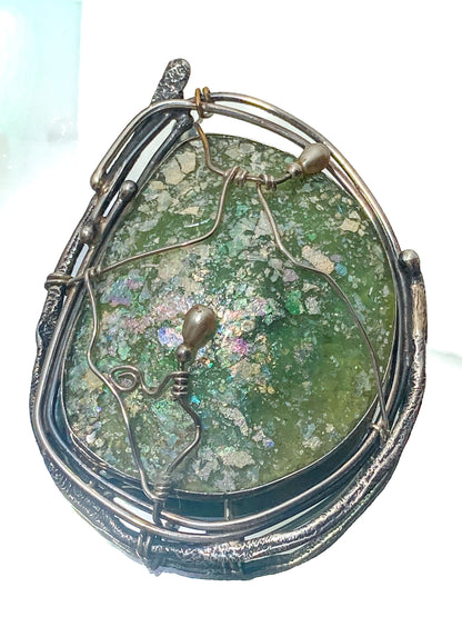 Artisan Avi Soffer Roman Glass Sterling Silver Post Earrings Brooch Pendant Set