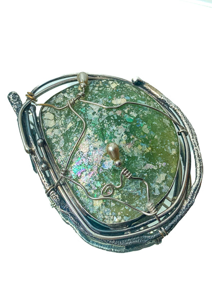 Artisan Avi Soffer Roman Glass Sterling Silver Post Earrings Brooch Pendant Set