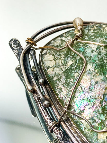 Artisan Avi Soffer Roman Glass Sterling Silver Post Earrings Brooch Pendant Set