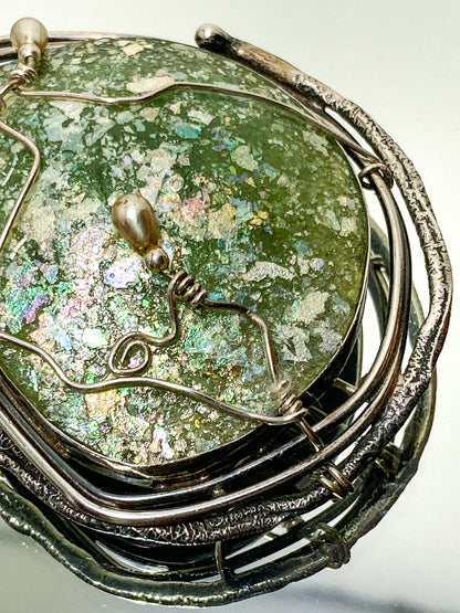 Artisan Avi Soffer Roman Glass Sterling Silver Post Earrings Brooch Pendant Set
