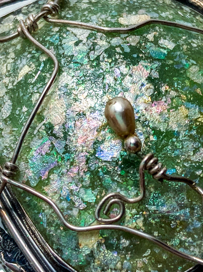 Artisan Avi Soffer Roman Glass Sterling Silver Post Earrings Brooch Pendant Set