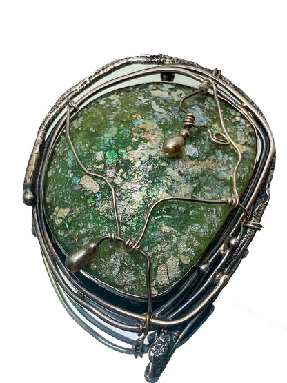 Artisan Avi Soffer Roman Glass Sterling Silver Post Earrings Brooch Pendant Set