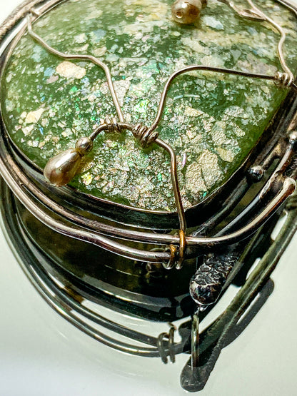 Artisan Avi Soffer Roman Glass Sterling Silver Post Earrings Brooch Pendant Set