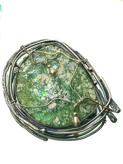 Artisan Avi Soffer Roman Glass Sterling Silver Post Earrings Brooch Pendant Set