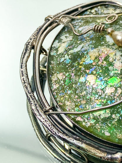 Artisan Avi Soffer Roman Glass Sterling Silver Post Earrings Brooch Pendant Set