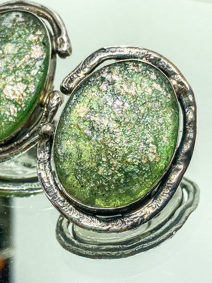 Artisan Avi Soffer Roman Glass Sterling Silver Post Earrings Brooch Pendant Set